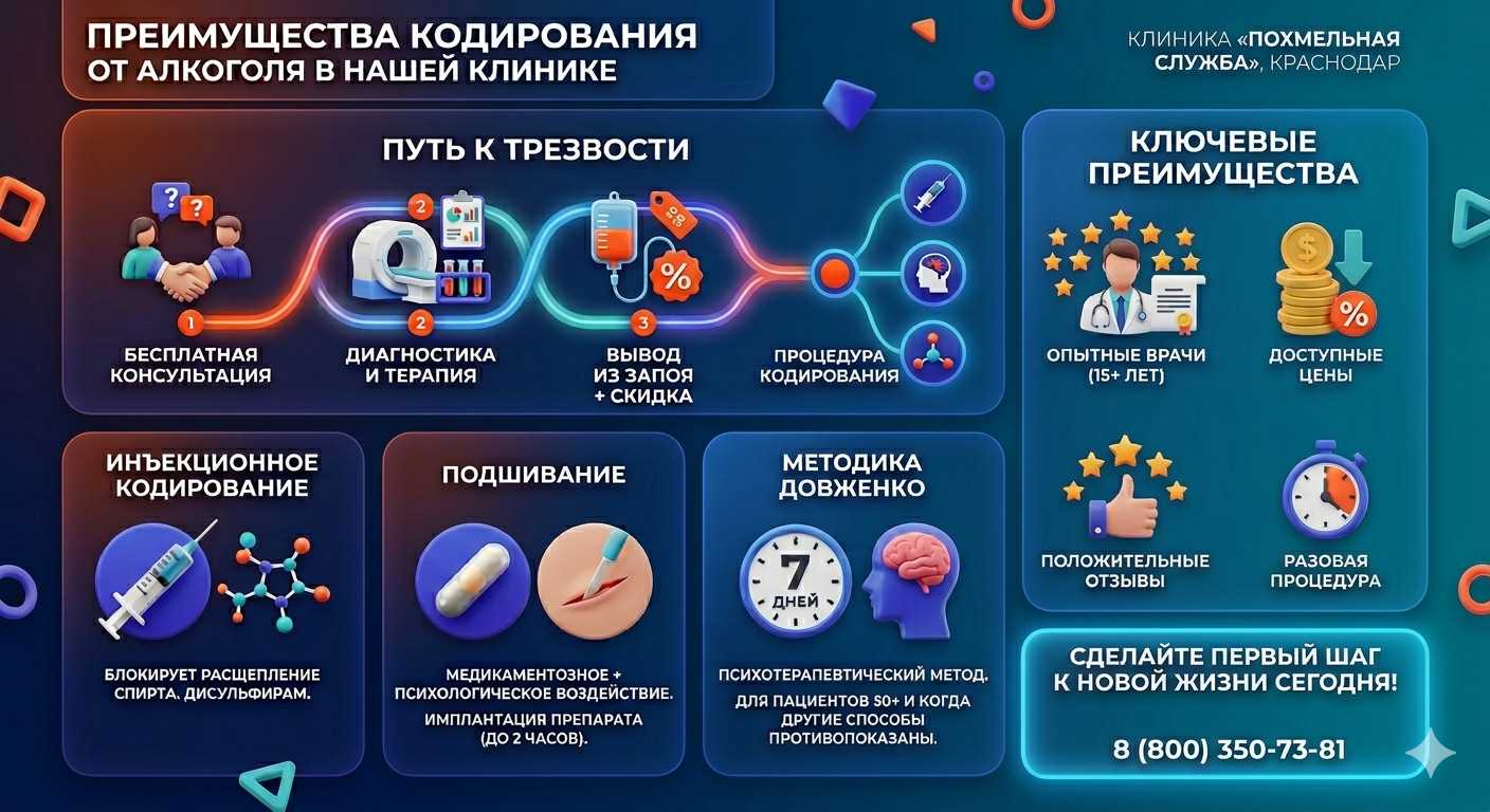 Инфографика о методах кодирования от алкоголя в Алтайском: инъекции, подшивание, метод Довженко. Преимущества клиники и этапы лечения.