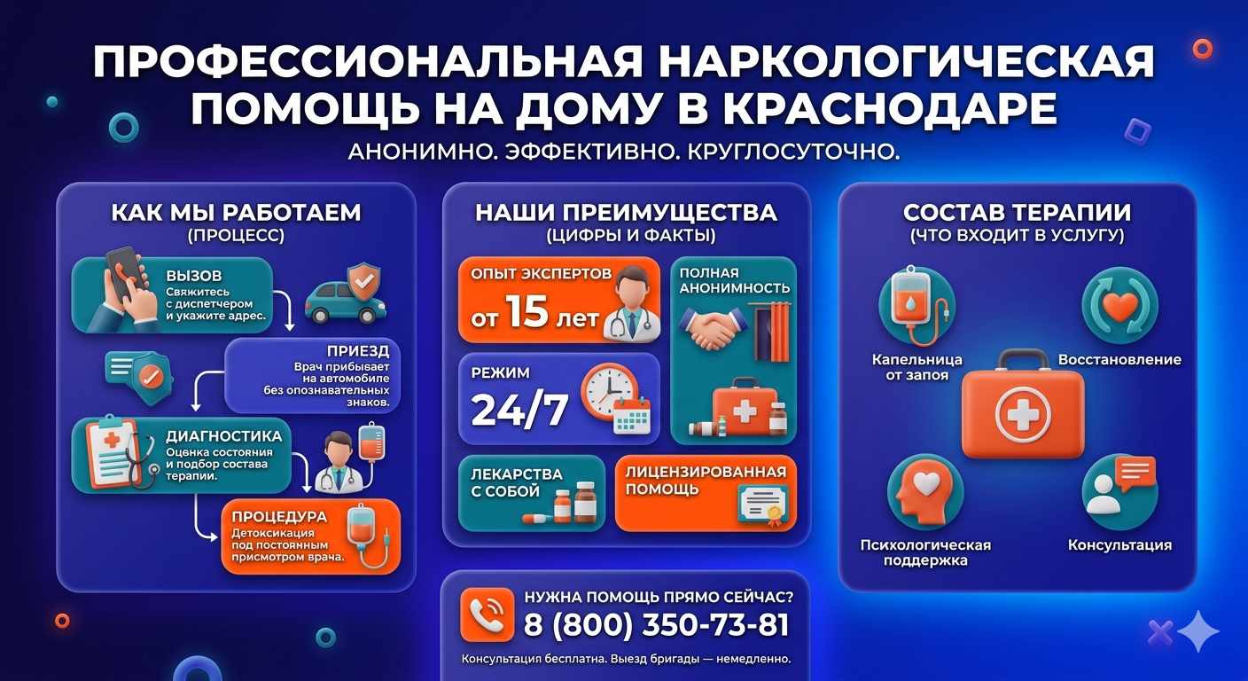 Инфографика о принципах лечения алкоголизма на дому в Алтайском: этапы вызова нарколога, преимущества анонимной детоксикации и состав медицинской помощи.